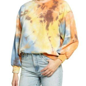 All In Favor Women's Tie Dye Blue Orange Crew Neck Pullover Sweatshirt Small